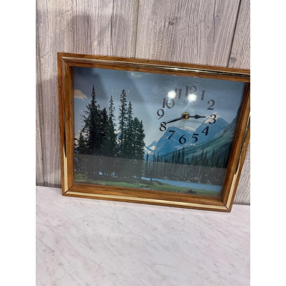 Vintage Elgin Mountain Landscape Wall Clock Wood Frame Nature Scene 12.5x10.5